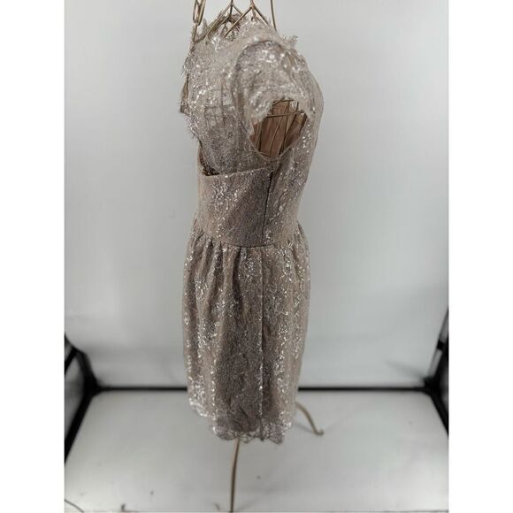 Aidan Mattox Metallic Lace Short Dress Size 2 Silver Blush Pockets Evening - Picture 3 of 12